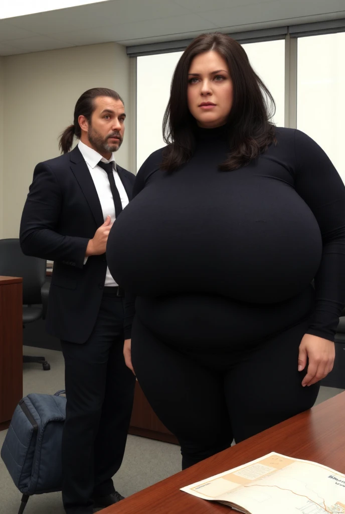  Low angle, focus on the overstretched top,  (((a massively robust hypermuscular 8ft tall, overweight thick woman in her VERY early 20s, proportionate anatomic healthy athletic body, with  green eyes and a rebellious sneer, and (((((long, choppy, jet-black hair))))))), wearing ((((overstretched turtleneck_top that barely contains her enormous form))))), stands next to a (office desk too small for her size) overlooking a (crowded office).  With her left hand supports her (((enormous bosom))).  (((Beside her, nervously clutching a tattered map and scanning the horizon, stands Tim, a gaunt, 5 ft tall, weathered man in his late 40s with a long, braided, salt-and-pepper beard and deeply tanned skin, wearing a loose suit))). (((Detailed office background))))). (Hyperrealistic, 8k, intricate detail, gritty textures, (warm and desaturated colors)), (sharp focus on both Alexandra and Tim), (wide angle shot), --ar 16:9 --zoom 1.2 --style photorealistic