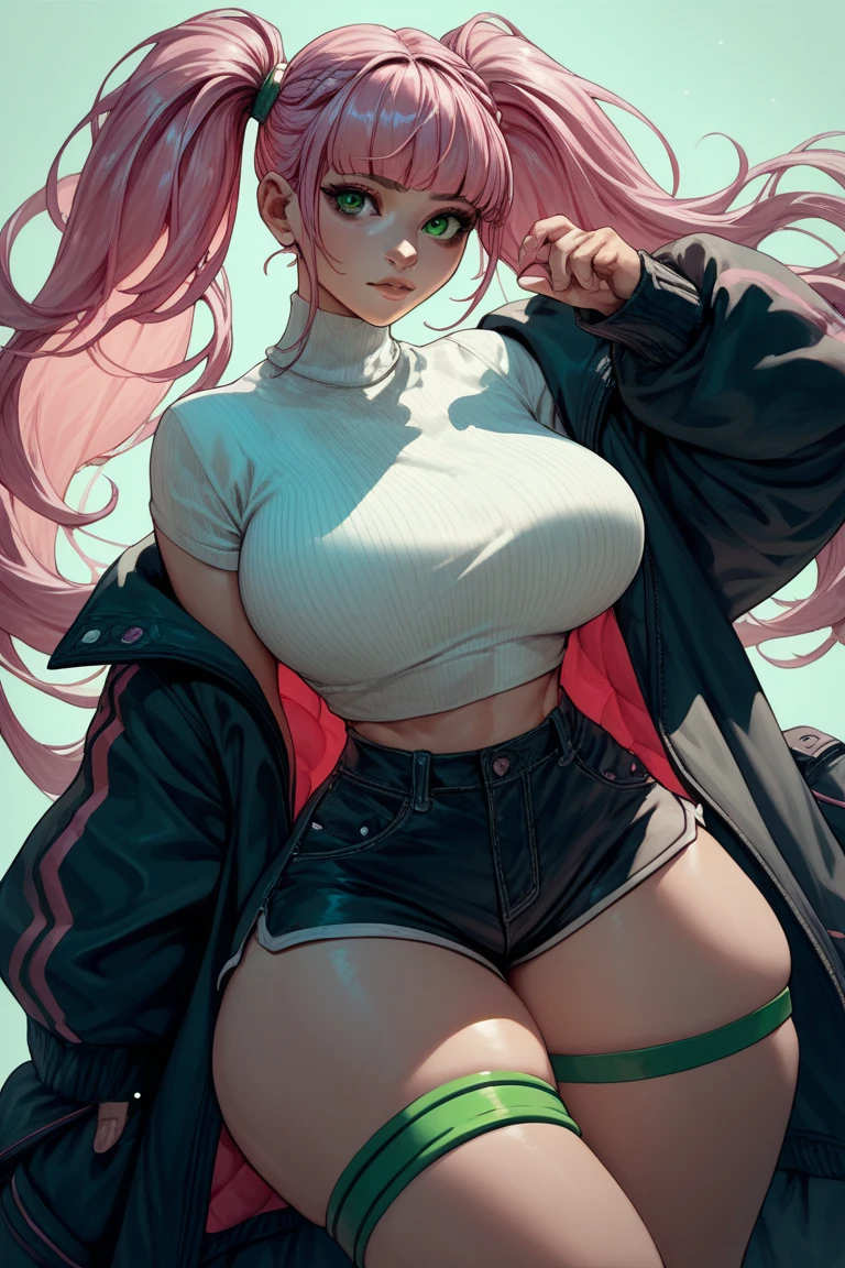 1 ,  long hair ,  2 ponytails on the side, pink hair, fringe,  big breasts,  big ass,  thick thighs ,  wide hips ,  green eyes, 2 headbands ,   short black shorts , A white top,  and a black mini coat 