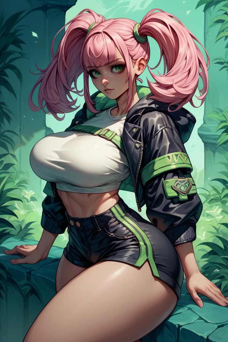 1 ,  long hair ,  2 ponytails on the side, pink hair, fringe,  big breasts,  big ass,  thick thighs ,  wide hips ,  green eyes, 2 headbands ,   short black shorts , A white top,  and a black mini coat 