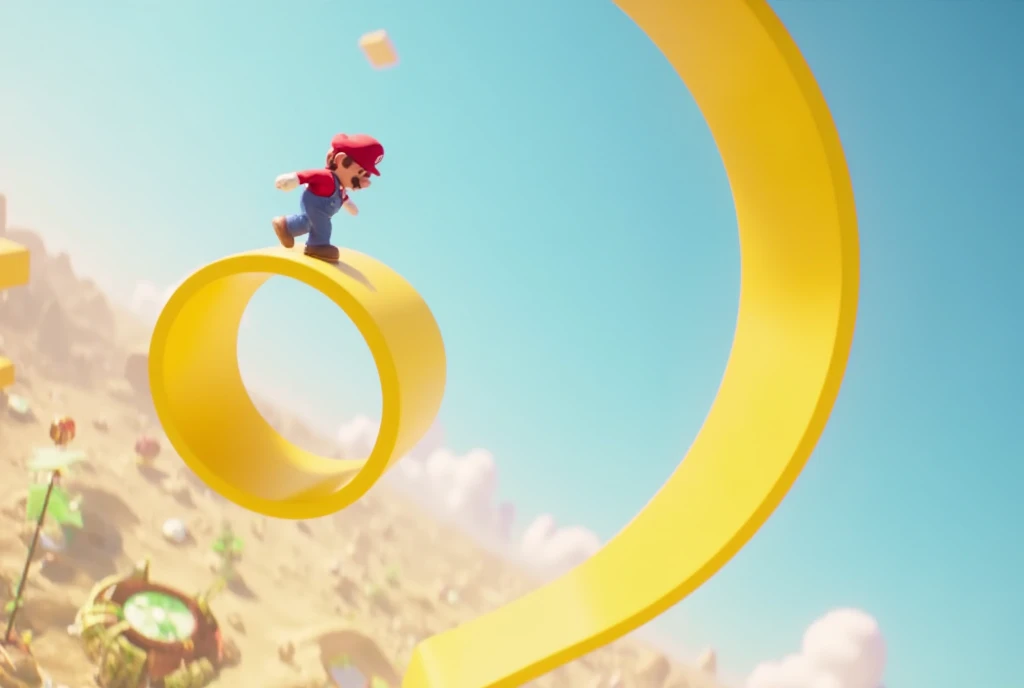 3D animation, surrealism, game, Super Mario Bros., little Mario is walking on a Moebius strip made of a big yellow ribbon, the Moebius strip is floating in the air, the background is pale blue, the atmosphere is bright.