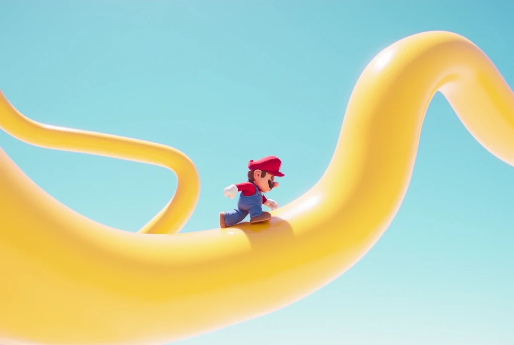 3D animation, surrealism, game, Super Mario Bros., little Mario is walking on a Moebius strip made of a big yellow ribbon, the Moebius strip is floating in the air, the background is pale blue, the atmosphere is bright.