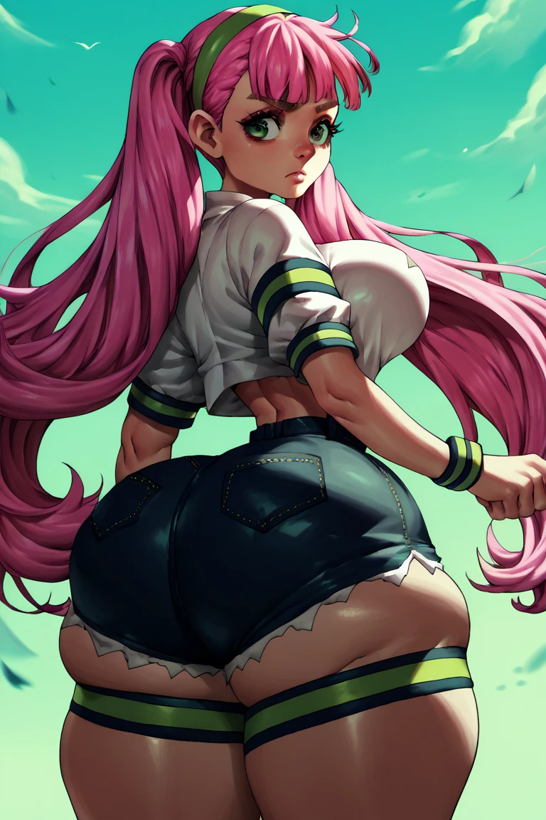 1 ,  long hair ,  2 ponytails on the side, pink hair, fringe,  big breasts,  big ass,  thick thighs ,  wide hips ,  green eyes, 2 headbands ,   short black shorts , A white top,  and a black mini coat 