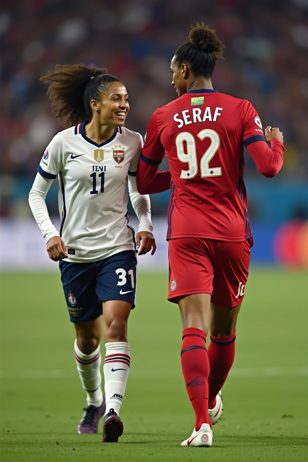 Stud and female hugging and kissing each other wearing matching jerseys