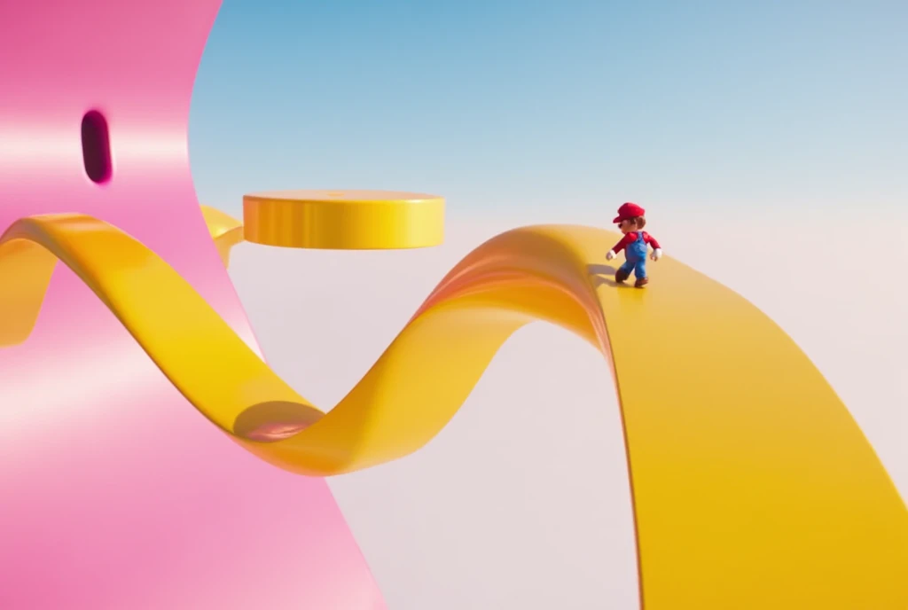 3D animation, surrealism, game, Super Mario Bros., little Mario is walking on a Moebius strip made of a big yellow ribbon, the Moebius strip is floating in the air, the background is pale blue, the atmosphere is bright.