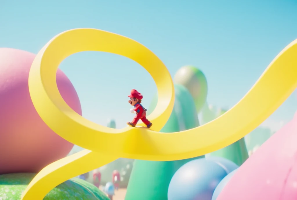 3D animation, surrealism, game, Super Mario Bros., little Mario is walking on a Moebius strip made of a big yellow ribbon, the Moebius strip is floating in the air, the background is pale blue, the atmosphere is bright.