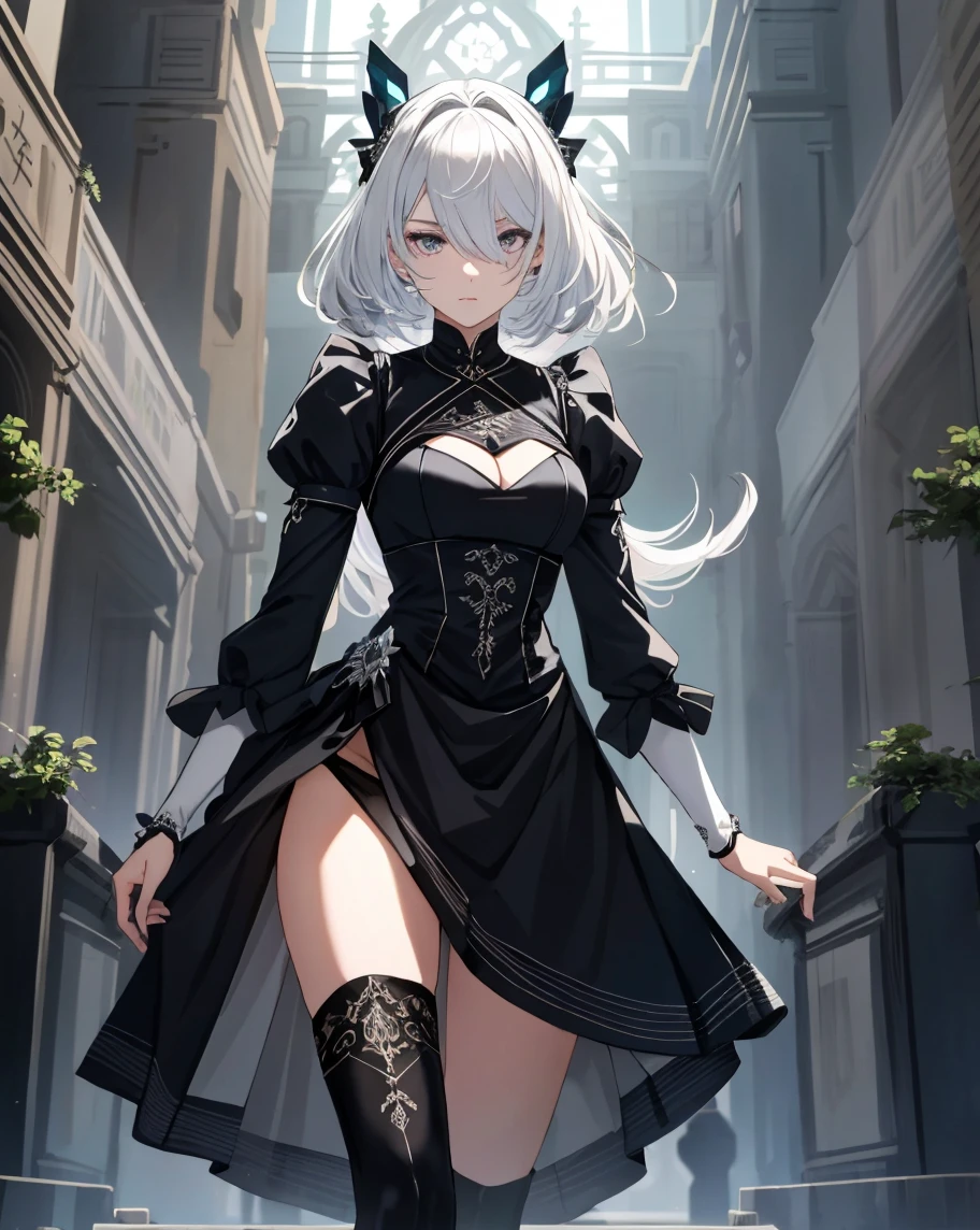 master part, best quality,  ultra-detailed , illustration, Epic lighting, cinematic  composition, isometria,(Hexagons:1.2), only face visible, face view, face visible, close view on her face, face, A pale-skinned, slender android with silver-white bobbed hair, a black blindfold covering her left eye, dressed in an elegant black Gothic-style dress with intricate white embroidery, thigh-high stockings, and heeled boots, exuding a mix of grace, mystery, and combat readiness.