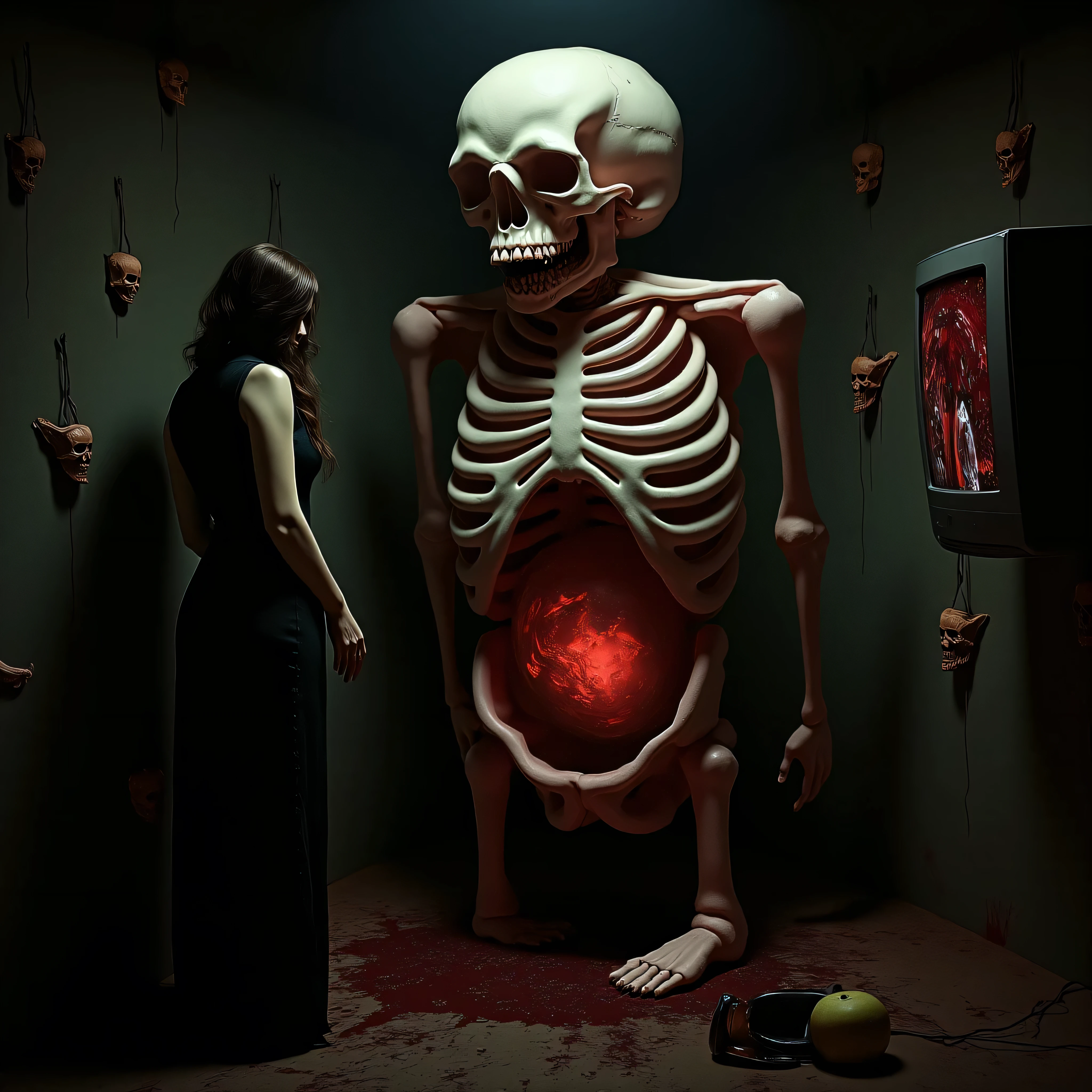 "(the best lighting, HIGH CONTRAST, dark, dramatic),(mujer junto a un fetus cráneo gigante de gelatina, Open the rib cage, fetus, autopsy, human bones, blood on the walls), tv on . Light Caravaggio"