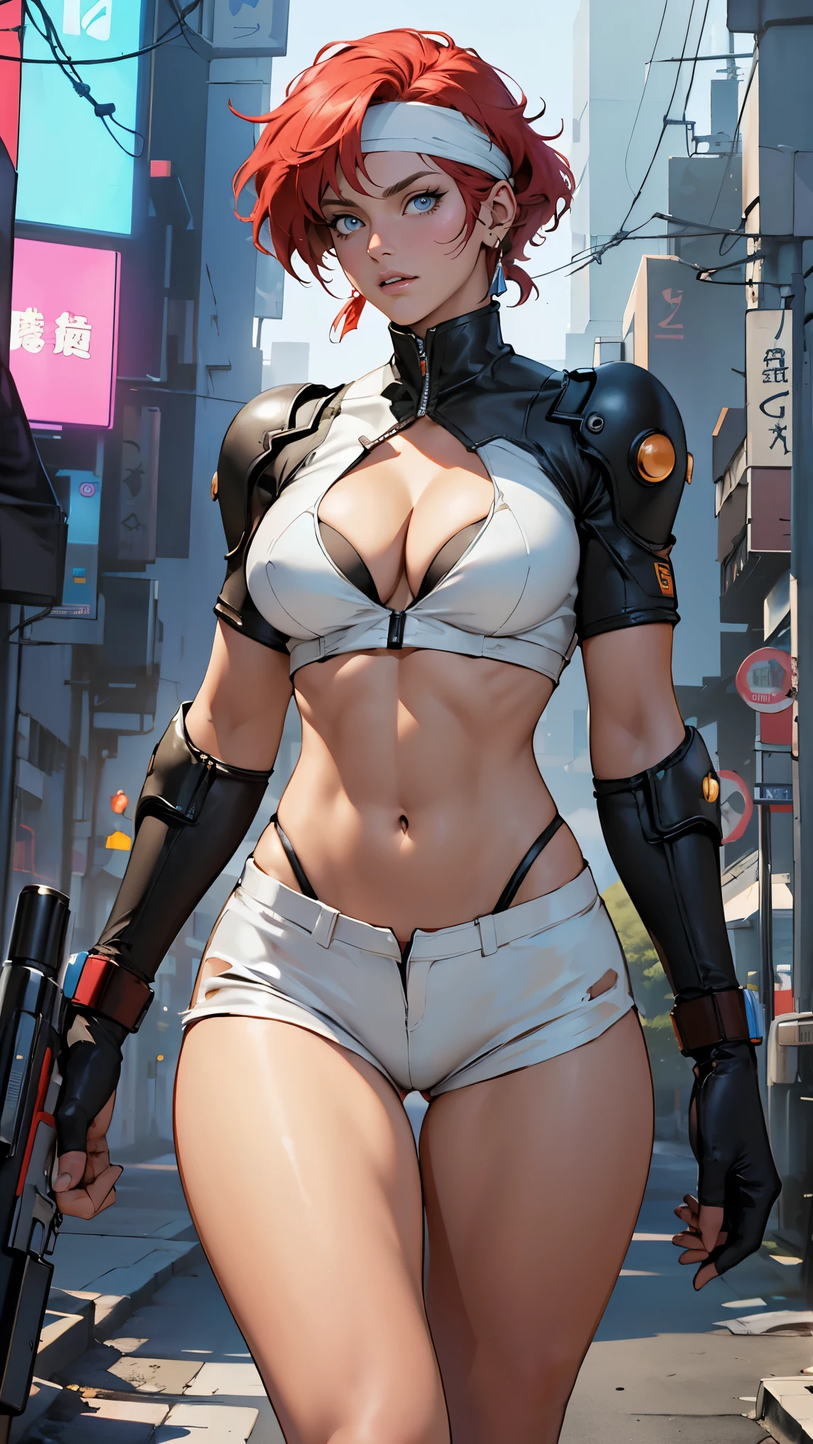 ((Masterpiece, highest quality; 1.3)), super quality, beautiful detail, super detailed, extra fine, 16K, exquisite, absurd, high resolution, beautiful background, detailed background, beautiful eyes, beautiful skin, anime style, Kay from Dirty Pair in a white outfit, tight outfit, cleavage, bushy redhead beauty, very light blue uniform, wearing tight clothes, skimpy, (mid chest: 1.2), cleavage, cleavage, slim waist , thin waist, slim thighs, thin legs, slim legs. thigh gap, showing stomach, skinny, thin hips, cyberpunk city background, holding retro space gun , headband,