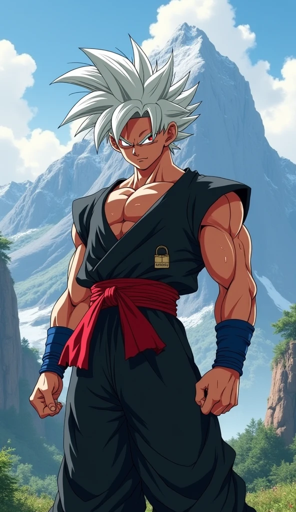 a young man with medium white hair with a penetrating gaze and red eyes wearing traditional torn Japanese clothing and with his androgynous physical details transformed into a super saiyan 4 dragon ball gt