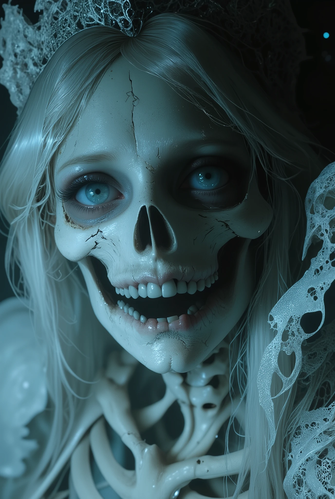 A zombie princess, lying on the sofa, looks very enjoyable, bukkake style, looks depressing, high quality, ultra-detailed, crazy details, 4K
