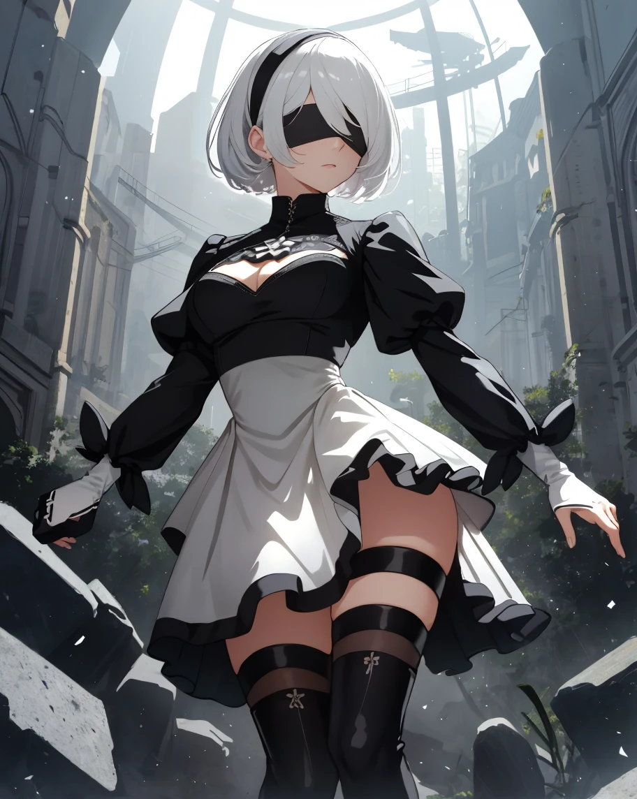 (Highest quality, 8k, masterpiece :1.3),2b,nier:Automata, One woman,,Gray Hair,nsfw,Blindfold,Voluptuous body,Armlock,Sex with an invisible man,M-shaped legs,