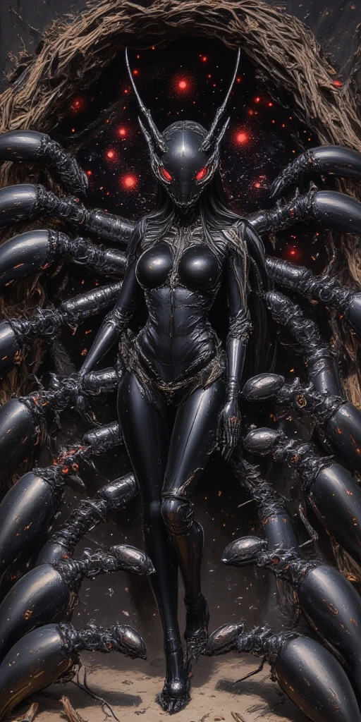 inside huge ant nest expanding in beautiful galaxy. (beautiful intelligent  anthro queen ant at the center,mad,eyes glowing red,noble sexy outfit,very sexy,huge shiny breast, beautiful legs,beautiful toe,nsfw, attractive body,attractive pose,shiny exoskeleton body,Look down viewer,pompous attitude,beautiful black metallic long hair, feminin,abs,Perspective,low angle). ant body adapted to space-life. so many worker-ants follow the queen. beautiful galaxy