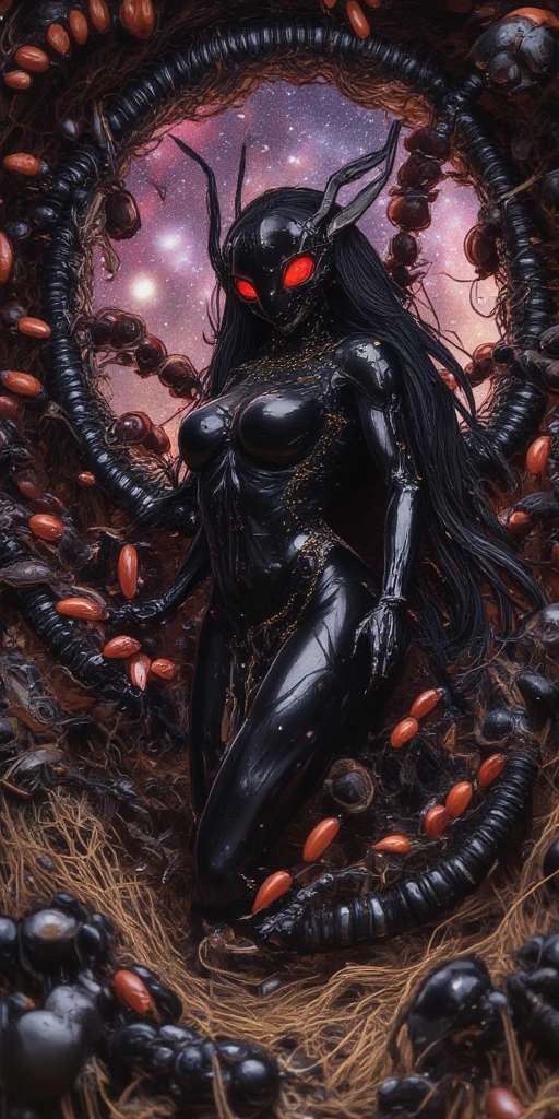 inside huge ant nest expanding in beautiful galaxy. (beautiful intelligent  anthro queen ant at the center,mad,eyes glowing red,noble sexy outfit,very sexy,huge shiny breast, beautiful legs,beautiful toe,nsfw, attractive body,attractive pose,shiny exoskeleton body,Look down viewer,pompous attitude,beautiful black metallic long hair, feminin,abs,Perspective,low angle). ant body adapted to space-life. so many worker-ants follow the queen. beautiful galaxy