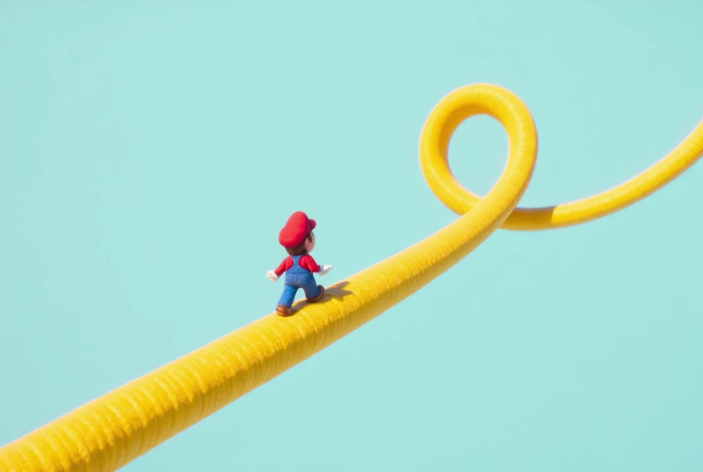 3D animation, surrealism, image of endless corridor, game, Super Mario Bros., little Mario walking on a Moebius strip made of a big yellow ribbon, the Moebius strip is floating in the air, the background is pale blue, light atmosphere.