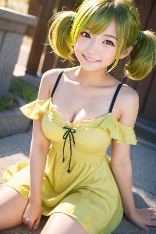  (( anatomically correct))、((real)), (( portrait)),(( Japanese Female Middle School Student )),((( cute girl))), whole body is shown, (((low angle))),masterpiece,  high definition, accurate,  top quality,  very detailed,  Textured Skin, (traptrixsera, twintails), (yellow Organdy dress), ((yellow green  hair)),