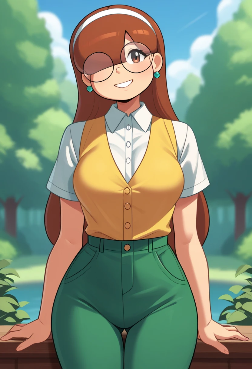 score_9, score_8_up, score_7_up, score_6_up, score_5_up, score_4_up, 1girl, solo, rating_explicit, source_cartoon, Emma_Donchibi_Style, red-brown hair, hair over eyes, blunt bangs,
black-framed eyewear, brown eyes, circular rim glasses, round eyewear, hair over one eye, long hair hairband, earrings, white shirt, collared shirt, yellow vest, short sleeves, green pants, perfectly round breasts, wide hips, 
beautiful, sexy, cute, medium breasts, looking at viewer, standing, outdoors, forest, blue sky, clouds, dynamic angle, smile, fca style, half body, eyebrows