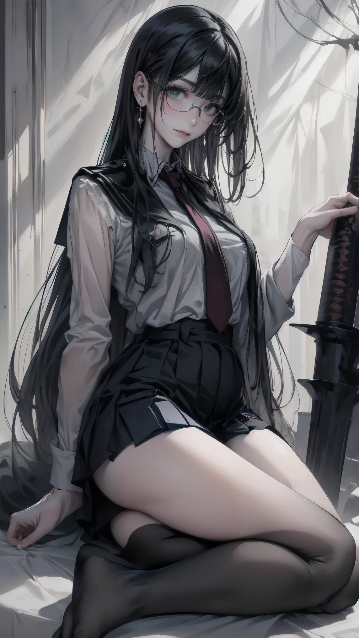 A highly detailed portrait of a young woman with proportional body, realistic fingers, natural facial features, anatomically accurate,visible skin pores, ultra high resolution, (full body image from head to toe:1.4),( intricate details),sunlight, Depth-of-field, from the side 1 girl , sitting ,( curvy body on the body), slim waist, Wide Hips , big thighs , long blade hair , green eyes, (dark school uniform),Black pleated mini skirt