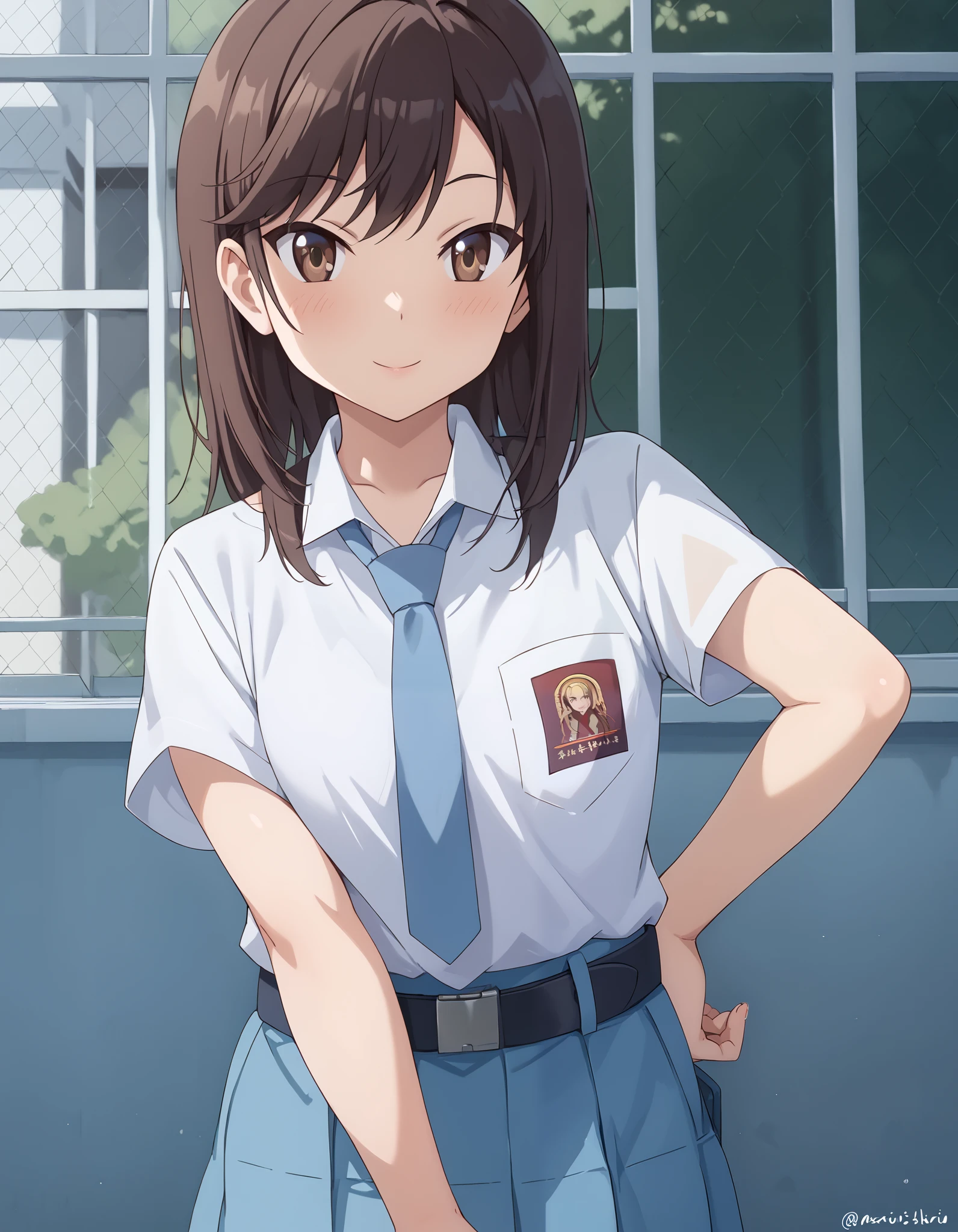 Masterpiece, hd, 1girl, Hotaru ichijou, brown hair, brown eyes, Indonesia high school uniform, wearing white collared shirt, short sleeves, light blue skirt, pleated skirt, light blue neck tie, pocket, school logo on pocket, wearing black belt , Standing, potrait photo, looking at viewer, smile, outdoor, school background