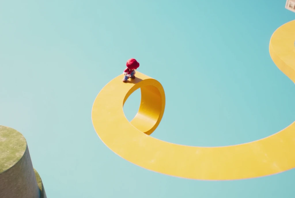 3D animation, surrealism, image of endless corridor, game, Super Mario Bros., little Mario walking on a Moebius strip made of a big yellow ribbon, the Moebius strip is floating in the air, the background is pale blue, light atmosphere.