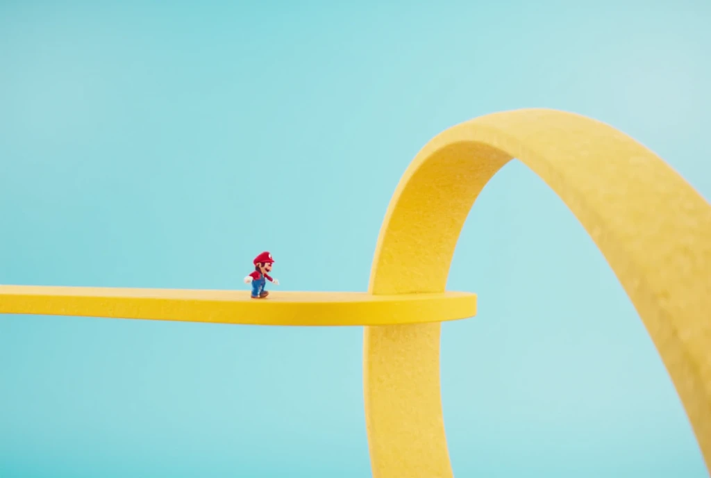 3D animation, surrealism, image of endless corridor, game, Super Mario Bros., little Mario walking on a Moebius strip made of a big yellow ribbon, the Moebius strip is floating in the air, the background is pale blue, light atmosphere.