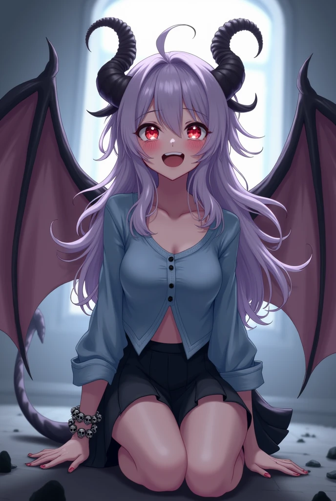 (8K, best quality, master piece: 1.2), super high resolution,1 succubus girl,ultra-detailed face, detailed eyes,luscious eyes,Looking up,(:3:1.3),blush,(face palm),pink skirt,white v-neck sweater,sleeve past wrists,wavy long hair, black hair,head wings,Devil’s Wings,Sitting on the bed,Moonlight from the window,night,room