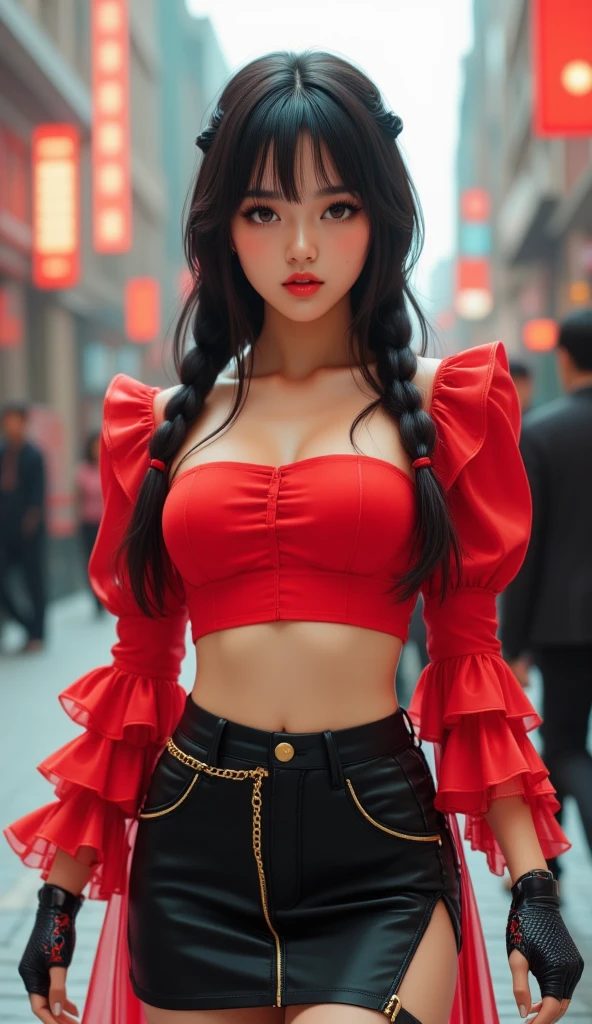 A young Asian woman, positioned slightly off-center to the left of the frame, is depicted in a dynamic, slightly stylized fashion.  She has long, dark black hair, styled in a braid adorned with red accents, and expressive brown eyes.  Her complexion is fair.  Her expression is neutral, with a slight hint of confidence.  She is wearing a cropped, vibrant red top with layered ruffled sleeves, a black, high-waisted skirt with a thigh-high slit, and black gloves with red/black patterns.  A gold chain is visible on the skirt's waistband.  Her body type is slender and athletic, with a visible waistline.  She is walking or posing, suggesting a sense of movement. The background is slightly out of focus, containing a street scene with blurred figures. The overall colors are bold with red, black, and hints of brown and beige. The lighting in the image is bright and directs attention to the woman's features and clothing. The composition and perspective suggest a street style or fashion photoshoot. The style and atmosphere are contemporary and fashionable. The image showcases a stylish, confident young woman.