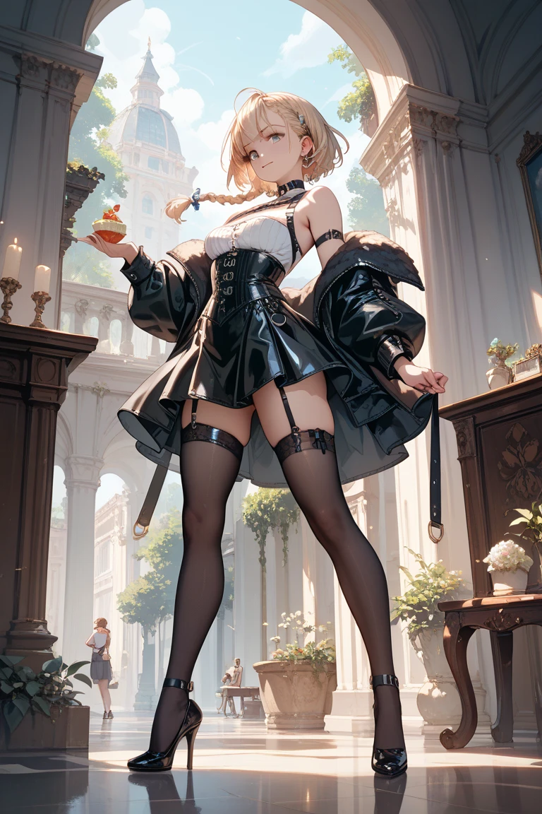 ((Biologically correct limb count))、((Natural finger shape))、((Full Body Shot, Including face))、Standing position、4K、masterpiece、((Focus on the face))、((Symmetrical facial features))、Eye for detailed depiction、Beautiful woman、Excellent style、Beautiful feet、(Small Ass、Thin thighs）、(Patterned black stockings、High heels）、Facial detailing、Small earrings、necklace、Low angle photo、((Orange lace bra and lace panties、Lifting the skirt to reveal panties)）、Park scenery on a holiday morning、Strong sunlight、(((A facial expression of pleasure)))、(((Lean your body back and sit on the ground)))、（(Hands lifting from under your chest)）、(Face the camera)、Photograph the side of the body、focus on the crotch、Long blonde