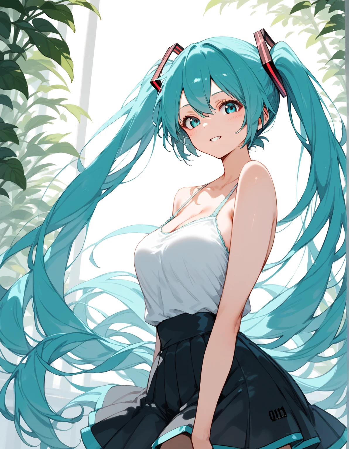 Light blue hair, ponytail hair, long hair, girl, beautiful girl, cute, sexy, short sleeve shirt, black panties, hot, black stocking, eyes, pink and red eyes, trees around it, 4K, ((masterpiece)), ((best quality)), plain black background