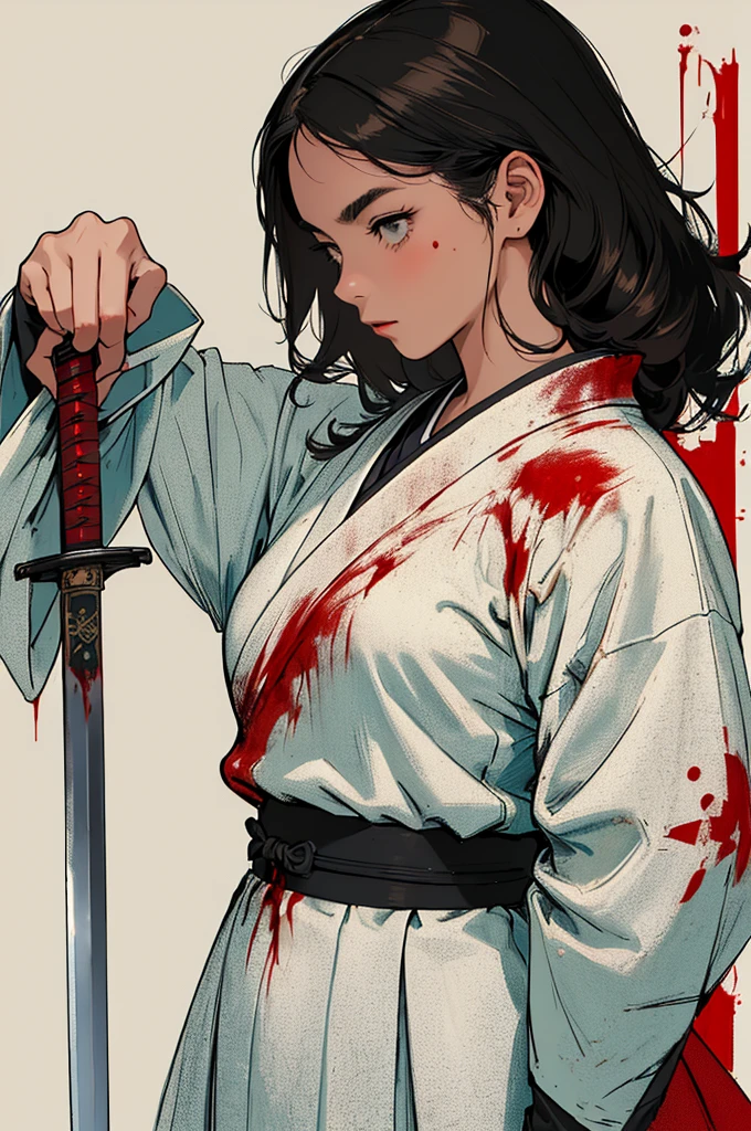 (((Top Quality Masterpiece ))),(((solo:1.2))),((( 1 woman :1.2))),Retro Vintage,(((High school girl holding a Japanese sword))),((( Return Blood))),(((The background is overwhelmingly absolutely simple)))