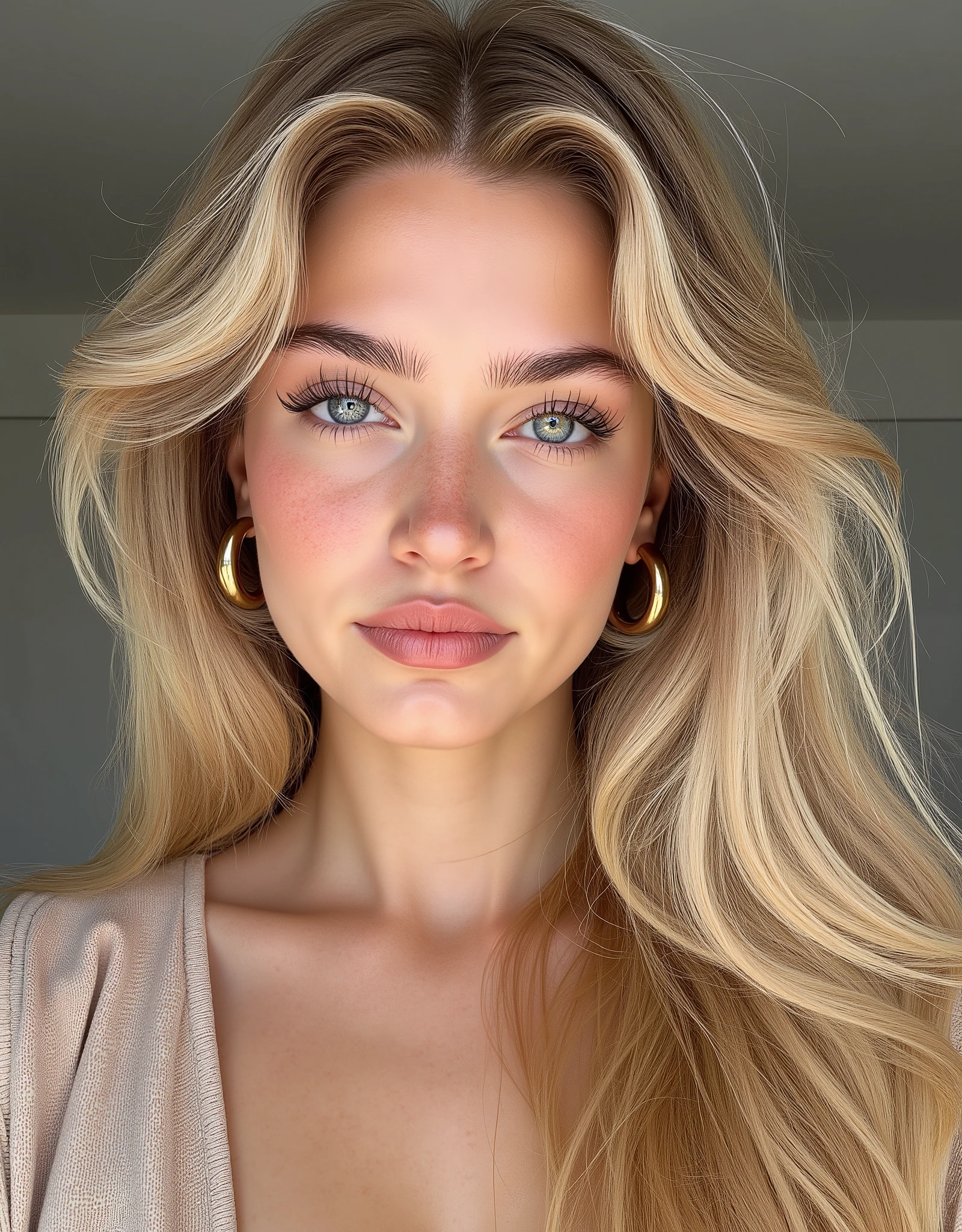 A highly detailed portrait of a 24-year-old Scandinavian woman with long, wavy, blonde hair that glows softly in natural light. She has striking light blue eyes full of warmth and intensity, framed by naturally thick, arched brows. Her fair, glowing complexion features a soft, natural flush on her cheeks, reflecting youthful radiance. She is wearing a chic, neutral-toned outfit with subtle gold hoop earrings and soft, natural makeup, including nude lipstick and a dewy finish. The composition focuses on her face, capturing a confident, approachable expression. The background is blurred and minimalistic to enhance the focus on her features. Photorealistic style, with intricate details and soft, flattering light.