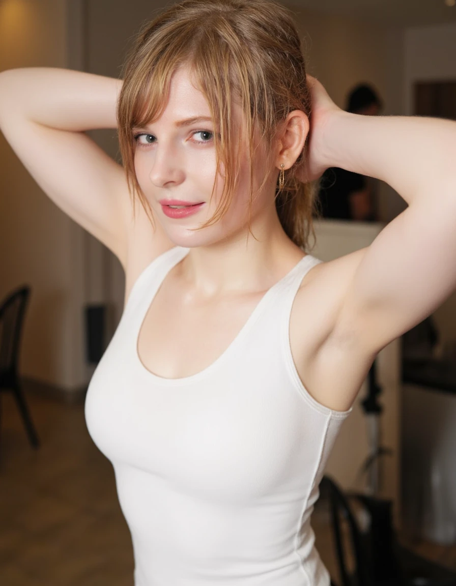 Beautiful detailed photograph, messy blonde hair loose strands framing her face, wearing a camisole. She is wearing a braless white camisole with poking nipples. standing in cafe looking at the viewer, smile, upper body shot, sharp focus, 16K resolution. She shyly puts her hands behind her head and shows off her sweaty armpits. Her armpits are silky smooth but wet and shiny with sweat. skinny body, large breasts. realistic skin texture.