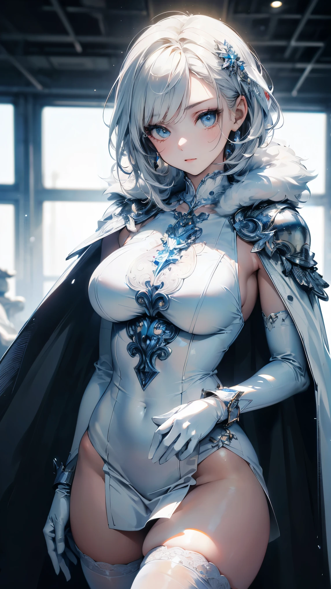 Adult woman, Short blue hair, blue eyes, big breastes, pale skin, Ice Crown, ice dress, Cold, emotionless look, blue lipstick, Masterpiece, hiquality