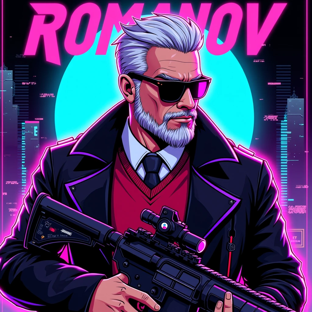 ((Masterpiece)), ((ultra-detailed)), ((vibrant neon glow)), ((cyberpunk style:1.2)) — A **semi-realistic cyberpunk-style illustration** featuring a **charismatic older male character** inspired by **PIVA**, a **futuristic soldier**. He has **spiked white hair**, a **neatly groomed beard**, and wears **stylish black sunglasses** over a **cyber-enhanced helmet with glowing optics**. His attire combines a **high-collared jacket with purple neon trim**, a **red sweater vest**, and a **formal tie**, alongside **intricate tech circuitry patterns** subtly embedded in his outfit.  

The character holds a sleek, **sci-fi weapon** with **digital HUD displays**, exuding confidence in a **slightly turned upper-body pose**. Surrounding him is a **dynamic holographic background** with **glitch effects**, **neon-drenched cityscapes**, and **pulsating tech grids**, enriched by a vivid cyberpunk color palette of **electric blues, neon purples, vivid greens, and fiery oranges**.  

The composition integrates **Cs-themed elements**, such as pixelated crosshairs, stylized kill streak symbols, and bold **“Romanov” typography** in the upper frame. Vibrant holographic overlays and shifting hues add depth and intensity, blending **semi-realism** with **stylized aesthetics**.  

The design highlights **Romanov's charisma**, merging a sophisticated cyberpunk aesthetic with the energy of **gaming culture**. It’s a balance of **futuristic technology, glowing neon details**, and **commanding presence**, perfect for **stickers or vibrant digital illustrations**.  

**(cyberpunk Romanov, charismatic character, futuristic soldier, holographic effects, glitch designs, neon glow, sci-fi weapon, electric colors, Cs-themed, gaming culture, vibrant portrait, high-tech aesthetic, dynamic composition)**  