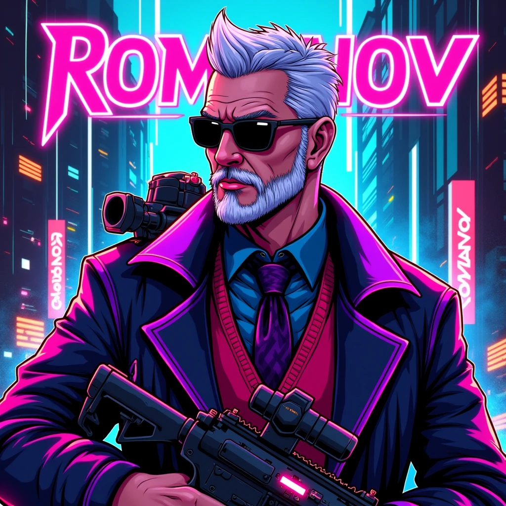 ((Masterpiece)), ((ultra-detailed)), ((vibrant neon glow)), ((cyberpunk style:1.2)) — A **semi-realistic cyberpunk-style illustration** featuring a **charismatic older male character** inspired by **PIVA**, a **futuristic soldier**. He has **spiked white hair**, a **neatly groomed beard**, and wears **stylish black sunglasses** over a **cyber-enhanced helmet with glowing optics**. His attire combines a **high-collared jacket with purple neon trim**, a **red sweater vest**, and a **formal tie**, alongside **intricate tech circuitry patterns** subtly embedded in his outfit.  

The character holds a sleek, **sci-fi weapon** with **digital HUD displays**, exuding confidence in a **slightly turned upper-body pose**. Surrounding him is a **dynamic holographic background** with **glitch effects**, **neon-drenched cityscapes**, and **pulsating tech grids**, enriched by a vivid cyberpunk color palette of **electric blues, neon purples, vivid greens, and fiery oranges**.  

The composition integrates **Cs-themed elements**, such as pixelated crosshairs, stylized kill streak symbols, and bold **“Romanov” typography** in the upper frame. Vibrant holographic overlays and shifting hues add depth and intensity, blending **semi-realism** with **stylized aesthetics**.  

The design highlights **Romanov's charisma**, merging a sophisticated cyberpunk aesthetic with the energy of **gaming culture**. It’s a balance of **futuristic technology, glowing neon details**, and **commanding presence**, perfect for **stickers or vibrant digital illustrations**.  

**(cyberpunk Romanov, charismatic character, futuristic soldier, holographic effects, glitch designs, neon glow, sci-fi weapon, electric colors, Cs-themed, gaming culture, vibrant portrait, high-tech aesthetic, dynamic composition)**  