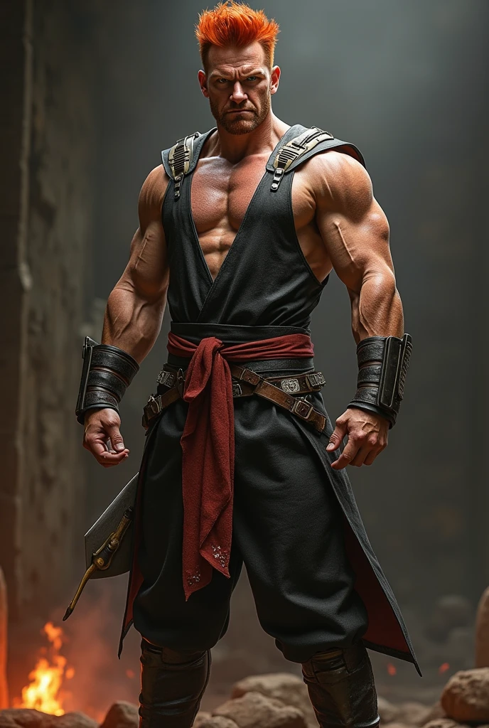 a thin person with swords attached to his wrists in a defensive position