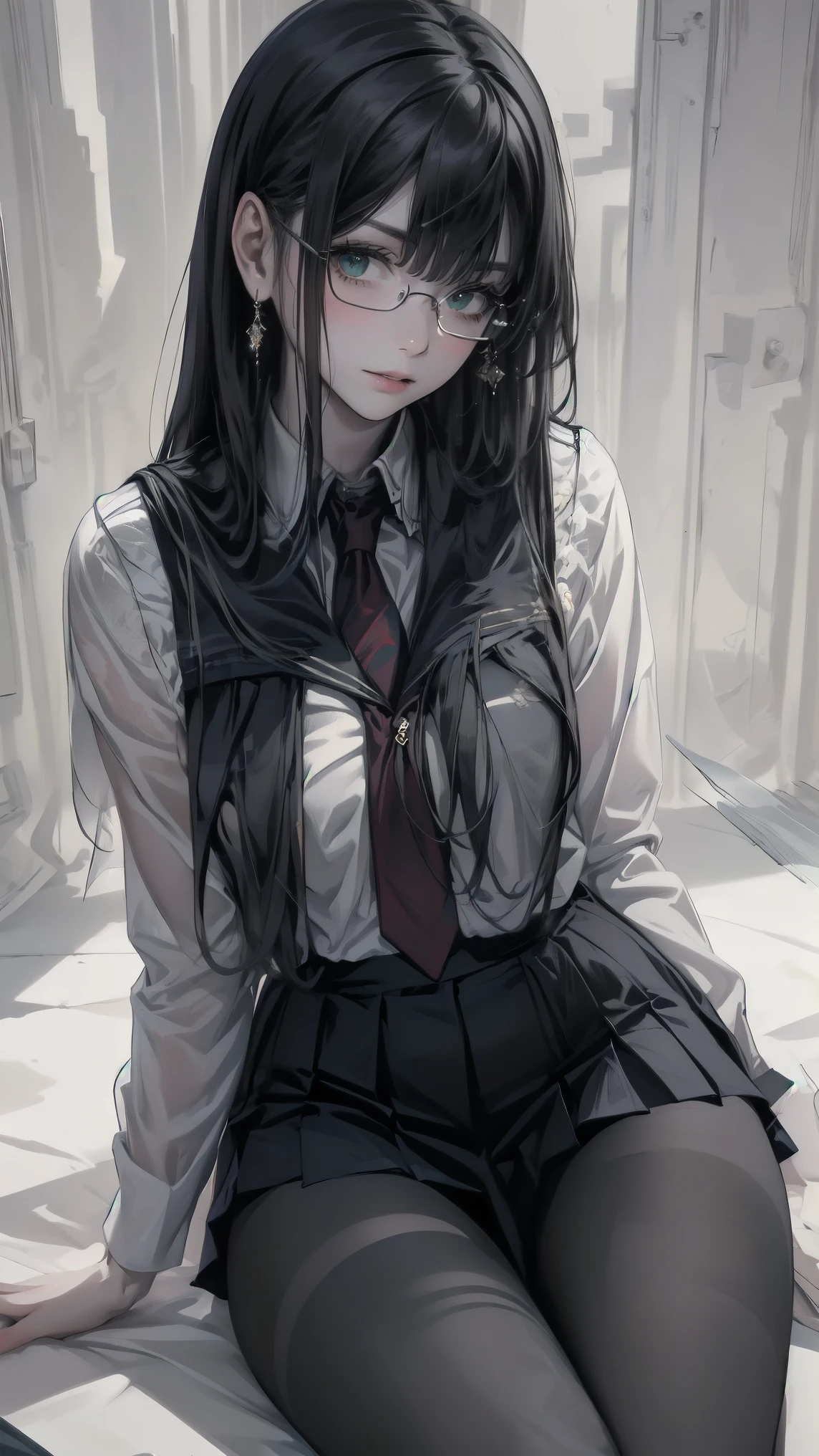 A highly detailed portrait of a young woman with proportional body, realistic fingers, natural facial features, anatomically accurate,visible skin pores, ultra high resolution, (full body image from head to toe:1.4),( intricate details),sunlight, Depth-of-field, from the side 1 girl , sitting ,( curvy body on the body), slim waist, Wide Hips , big thighs , long blade hair , green eyes, (dark school uniform),Black pleated mini skirt