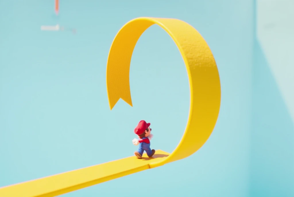 3D animation, surrealism, image of endless corridor, game, Super Mario Bros., little Mario walking on a Moebius strip made of a big yellow ribbon, the Moebius strip is floating in the air, the background is pale blue, light atmosphere.