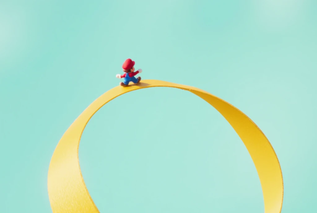 3D animation, surrealism, image of endless corridor, game, Super Mario Bros., little Mario walking on a Moebius strip made of a big yellow ribbon, the Moebius strip is floating in the air, the background is pale blue, light atmosphere.