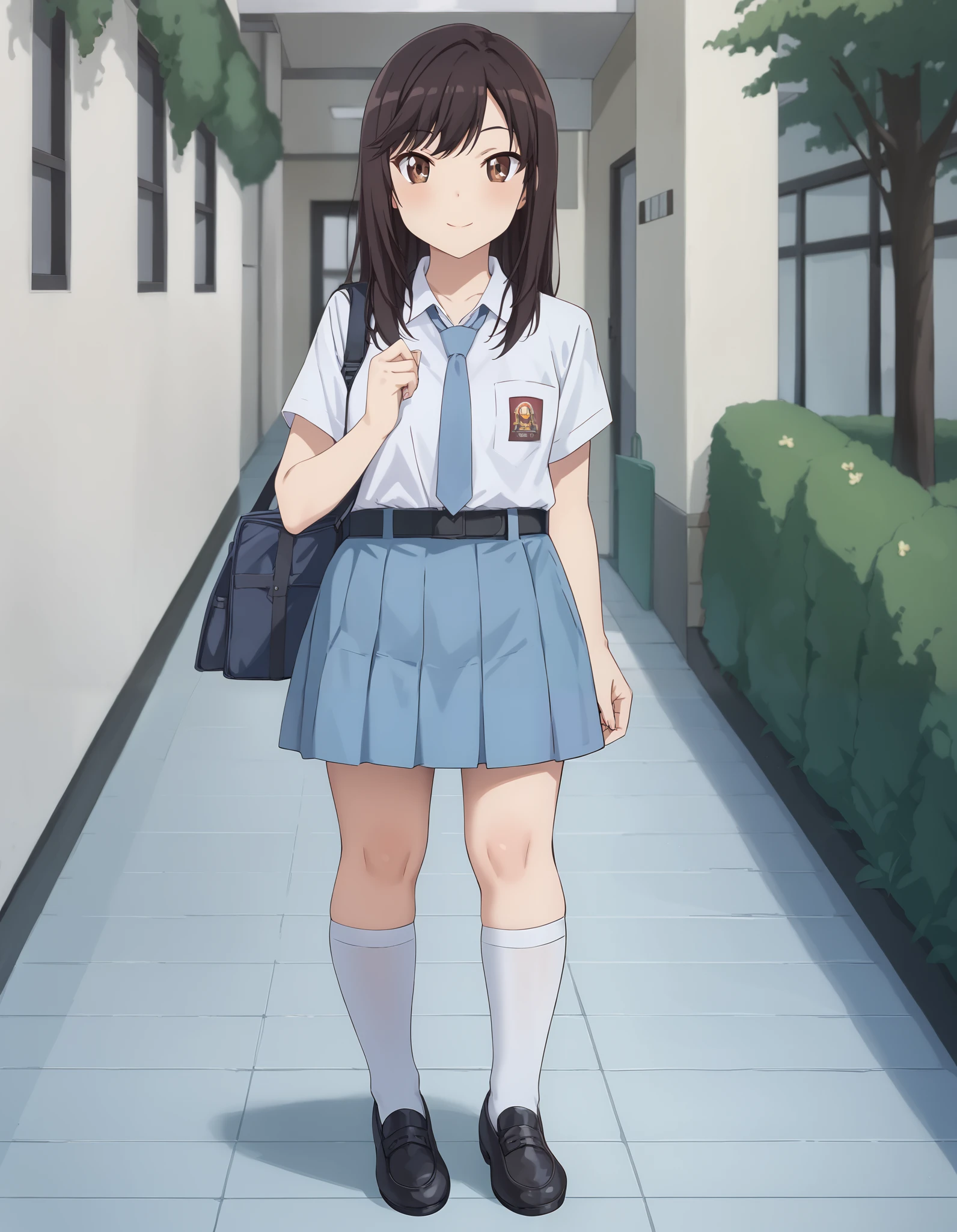 Masterpiece, hd, 1girl, Hotaru ichijou, brown hair, brown eyes, long hair, Indonesia high school uniform, wearing white collared shirt, short sleeves, light blue skirt, pleated skirt, light blue neck tie, pocket, school logo on pocket, wearing black belt, white socks, black shoes, Standing, fullbody, looking at viewer, smile, outdoor, school background