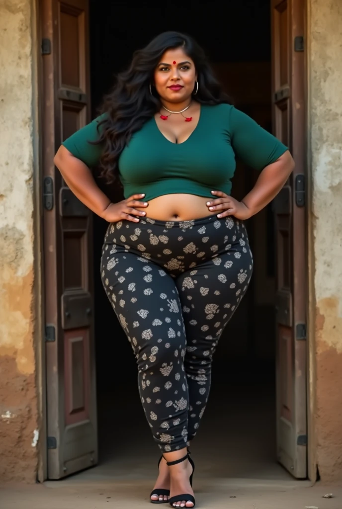 DARK SKIN, South Indian WOMAN, TALL, NAVEL, CLEAVAGE, BUSTY, FAT, VOLUPTUOUS, CHUBBY, PLUMP BELLY, LOVE HANDLES, BLACK BRA, BLACK LEGGINGS, BUN HAIR, REALISTIC, PHOTOGRAPHY, LOOKING DOWN, ROUND BLACK SPECTACLES, FIELDS BACKGROUND, ULTRA REALISTIC,
