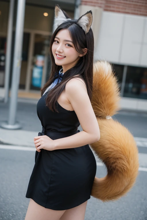 ((Highest quality, 8k)), ((masterpiece)), (Highest Resolution), Perfect Face, Woman with a raccoon tail, Female college student, Beautiful woman, public, ending, She has a thick tail, Big raccoon tail, She has a brown raccoon tail in her skirt., She wags her tail, Surprised face,  she is wearing a short skirt, Beautiful Hips , Small breasts, The hem of her skirt is rolled up by her tail., Bushy Tail