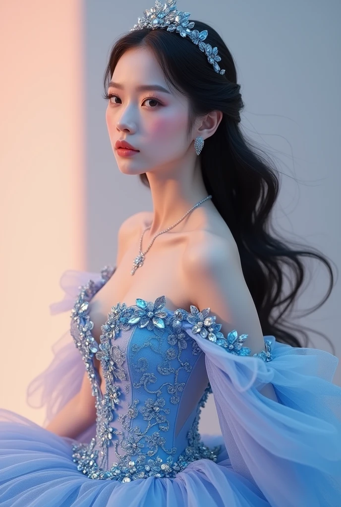 1 woman, 20 years old (Sexy, detailed and beautiful face:1.2), normal breasts, wavy hair, updo, forehead, ice hair bow, beautiful eyes, ((ice wedding dress)), (shining colorful fluorescent dress effect:1.5), evil smile, Gorgeous gems and jewels, necklace, earring, bracelet, holding flowers, frozen dark cave, (upper thigh shot:1.2), (masterpiece, top quality, best quality, official art, beautiful and aesthetic:1.2), uhd, mackerel, xxmixgirl,