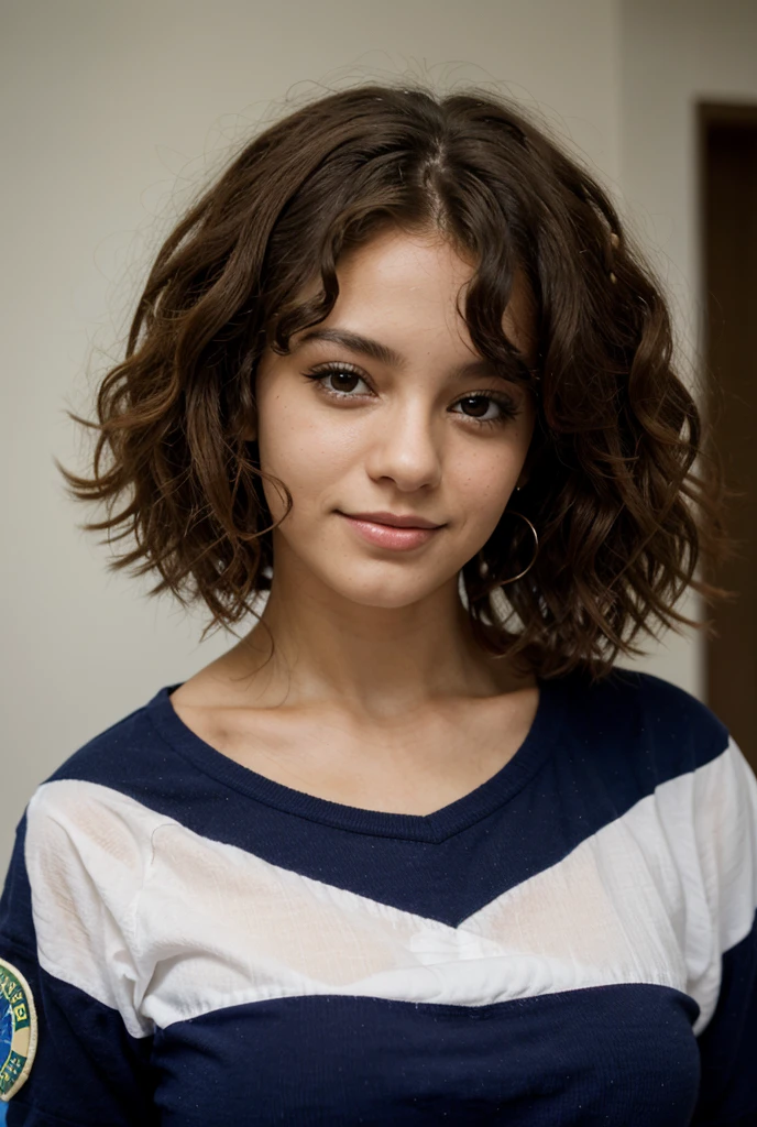 Anime Waifu 1.55 meters tall, short curly hair, light brown skin and black eyes