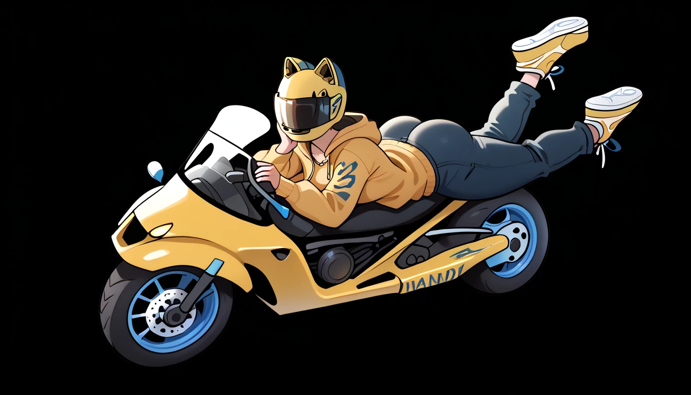 Girl, female, big ass, ass, thick thighs, no face, faceless, hair, blushing, blush, freckles, simple background, dark background, masterpiece, 4k quality, highest quality, best quality, far from viewer, highlighted character, front view, smile, smiling, horny, insanely horny, nymphomaniac, yellow motorcycle helmet, tinted motorcycle helmet, body oil, character covered in body oil, zipper hoodie, unziped hoodie, hoodie, full body, taking off pants, 