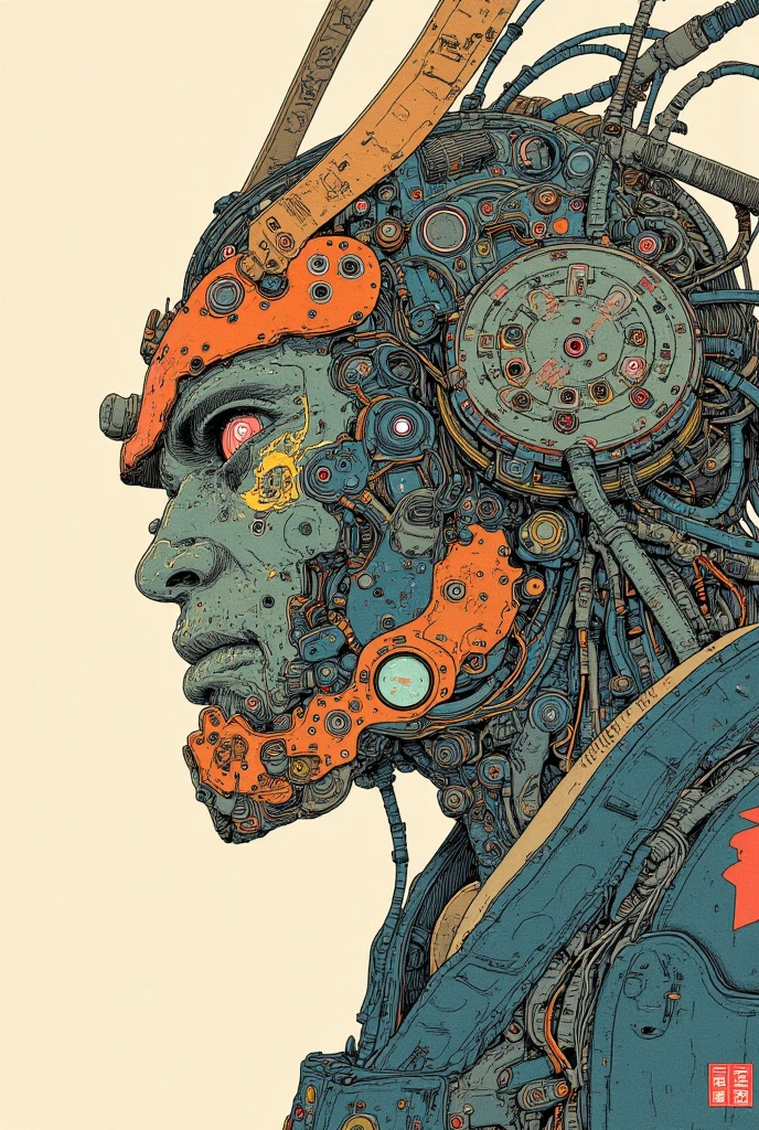 There is a picture of a cyberpunk samurai ,   this is a picture with super fine details inspired by Utagawa Kuniyoshi,  Ukiyo-e, Nichos  art aesthetic, Shiro Masamune style ,  Biomechanical Details ,  Hyper Detailed Illustration ,  a mixture of anime samurai and cyberpunk organic matter ,  detailed steampunk illustration, Nichos ,  detailed cyberpunk samurai animated illustration ,松の木