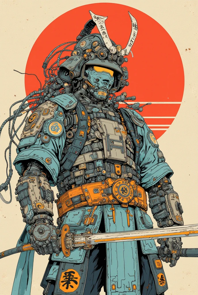 There is a picture of a cyberpunk samurai ,   this is a picture with super fine details inspired by Utagawa Kuniyoshi,  Ukiyo-e, Nichos  art aesthetic, Shiro Masamune style ,  Biomechanical Details ,  Hyper Detailed Illustration ,  a mixture of anime samurai and cyberpunk organic matter ,  detailed steampunk illustration, Nichos ,  detailed cyberpunk samurai animated illustration ,松の木