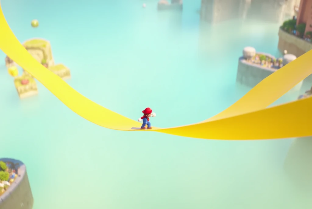 3D animation, surrealism, image of an endless corridor, game, Super Mario Bros., little Mario walking on a Moebius strip made of a big yellow ribbon, the Moebius strip is floating in the air, the ribbons are connected without any breaks, the background is pale blue, the atmosphere is bright.