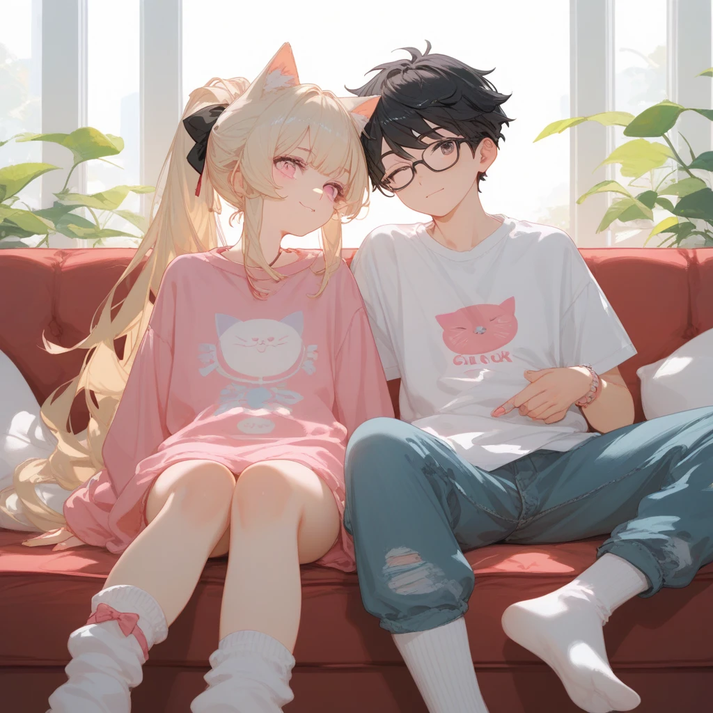 A short blonde cat girl with pink eyes, long hair with a long oversized pink shirt with short sleeves and long white and pink knee high socks, looking a tall , white black haired guy with , glasses, one eye red and the other one green yellowish, wearing black baggy clothes, hir hair is black and long and he holds some of it in a little ponytail, and they're cartoons