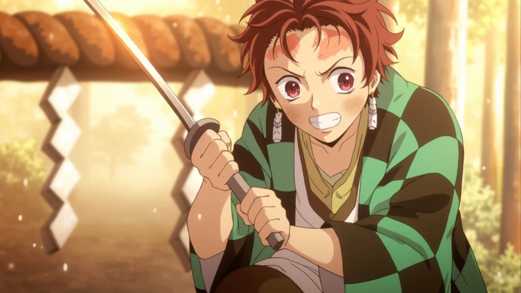 An epic portrait of Demon Slayer's Tanjiro Kamado, captured in a moment of determination and courage. He is in a heroic pose, with his Nichirin sword drawn and positioned in front, symbolizing protection and strength. His expression is serious and focused, with eyes shining with determination. His messy black hair and the characteristic scar on his forehead are highlighted. He wears the black and green checkered haori, which flutters slightly in the wind, creating a dynamic effect. The background shows a misty forest with golden rays of light passing through the trees, conveying hope and inspiration. Dramatic lighting focusing on his face and sword blade. Art style: detailed anime, with sharp lines and vibrant colors. Centered framing to highlight Tanjiro, perfect for a thumbnail.