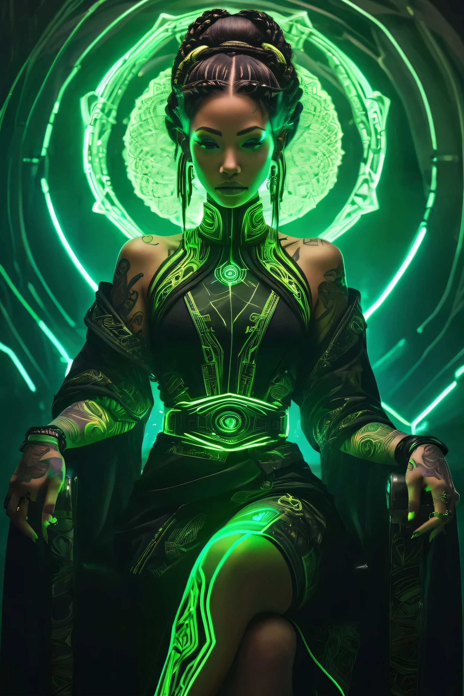 An epic depiction of 'The Explorer of Chaos,' a wise goddess who finds order in chaos. The image showcases a tattooed woman styled with a rebellious flair, inspired by Jinx, yet exuding wisdom and divine authority. She is dressed in sleek, asymmetrical black clothing adorned with glowing neon green accents . Her vibrant tattoos trace abstract, angular patterns across her arms and neck, emphasizing her connection to both disorder and harmony.
Her expression is confident and serene, radiating power and control, sitting in a trone, with long, uneven twin braids streaked with neon green framing her face. She stands tall, poised as if orchestrating the very patterns around her. In her hand, she holds a glowing, futuristic compass, pulsating with neon green light, while a rolled-up map with softly glowing edges hangs from her belt, tools of her divine purpose.
The background is an abstract, dark space with faint, geometric patterns , creating a sense of structure emerging from the void. . The scene is dramatic and atmospheric, with cinematic lighting highlighting her silhouette and the intricate textures of her attire and tattoos. The image captures a queen in her trone, balance of rebellion, wisdom, and overwhelming presence, blending mystical and futuristic aesthetics with detailed, high-definition rendering. --ar 9:16